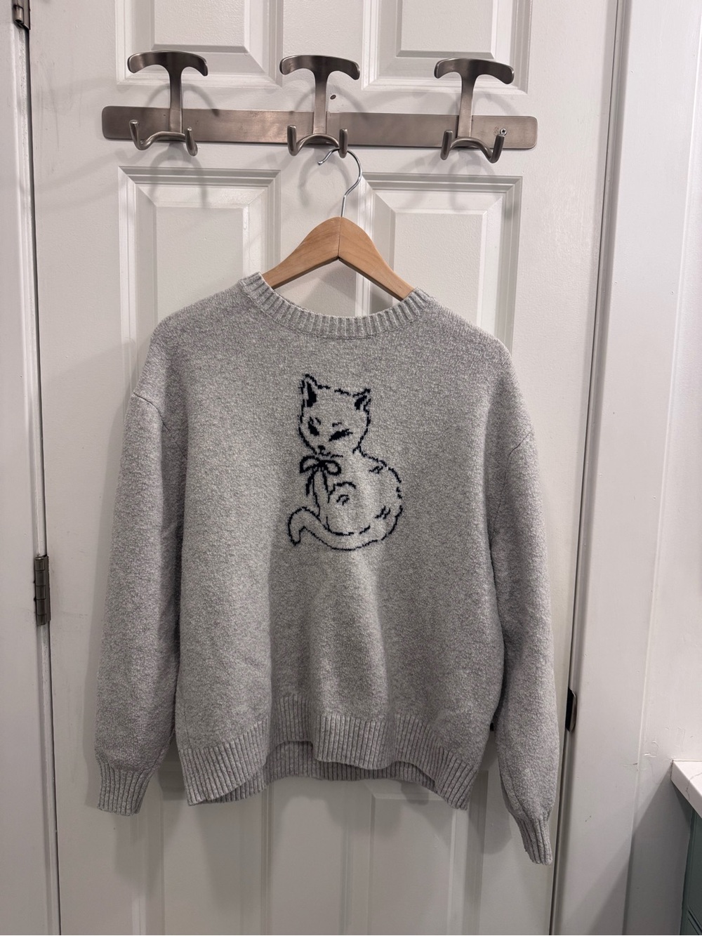 Grey Sweater with Black Cat Motif